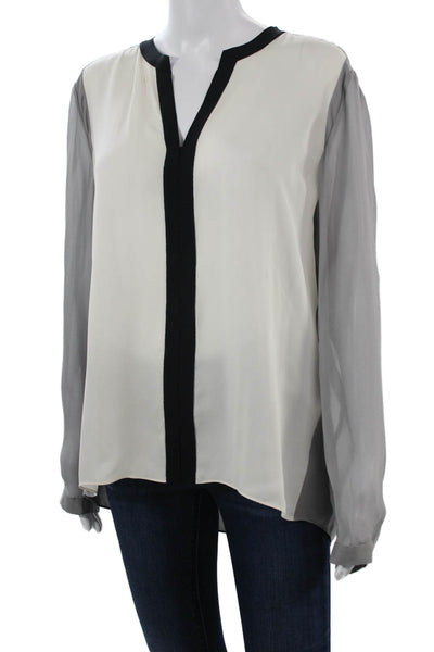 Elie Tahari Women White 100% Silk V-Neck Long Sleeve Blouse Hook & Eye Size M