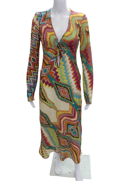 Zara Women Maxi Dress Multi Color Geometric V-Neck Long Sleeve Size XS