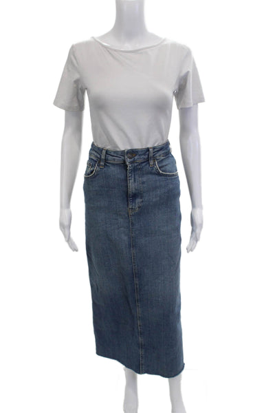 Zara Womens Straight Pencil Midi Skirt Blue Cotton Blend Size XS