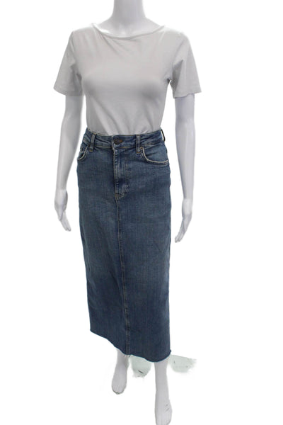 Zara Womens Straight Pencil Midi Skirt Blue Cotton Blend Size XS