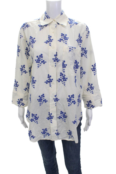 Zara Women Tunic Button-Up White Collared 3/4 Sleeve Floral Cotton Size XS