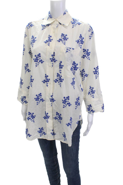 Zara Women Tunic Button-Up White Collared 3/4 Sleeve Floral Cotton Size XS