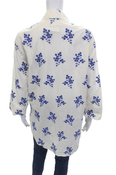 Zara Women Tunic Button-Up White Collared 3/4 Sleeve Floral Cotton Size XS