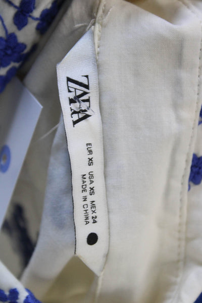 Zara Women Tunic Button-Up White Collared 3/4 Sleeve Floral Cotton Size XS