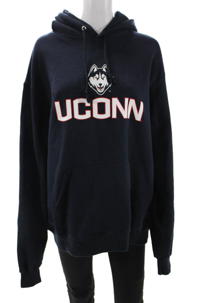 Champion Unisex Pullover Hoodie Dark Blue Graphic Drawstring Cotton Size L