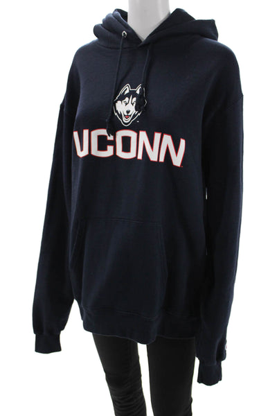 Champion Unisex Pullover Hoodie Dark Blue Graphic Drawstring Cotton Size L