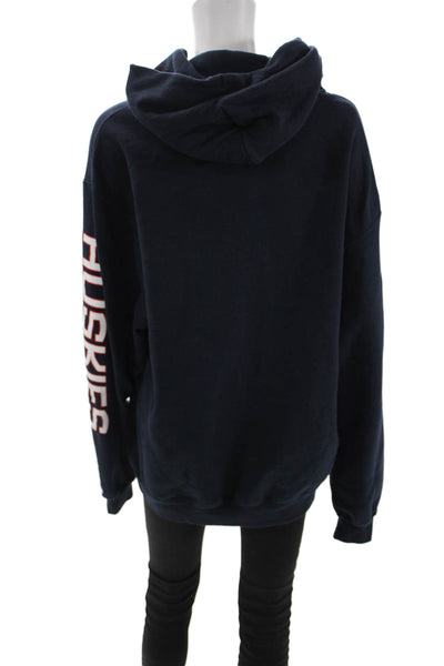 Champion Unisex Pullover Hoodie Dark Blue Graphic Drawstring Cotton Size L