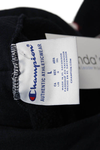 Champion Unisex Pullover Hoodie Dark Blue Graphic Drawstring Cotton Size L