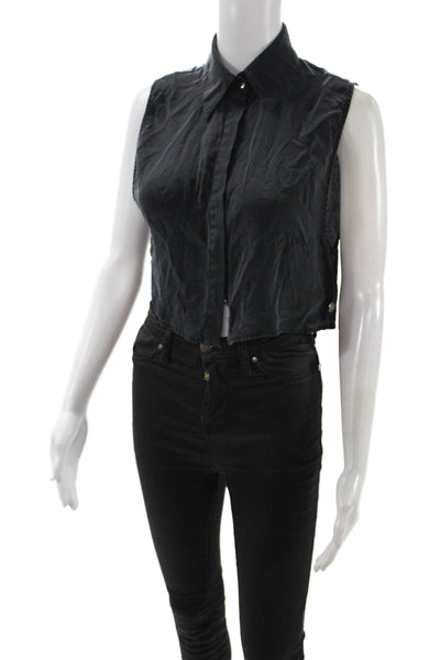 Kimberly Taylor Women Cropped Silk Collared Button Up Sleeveless Black Size S