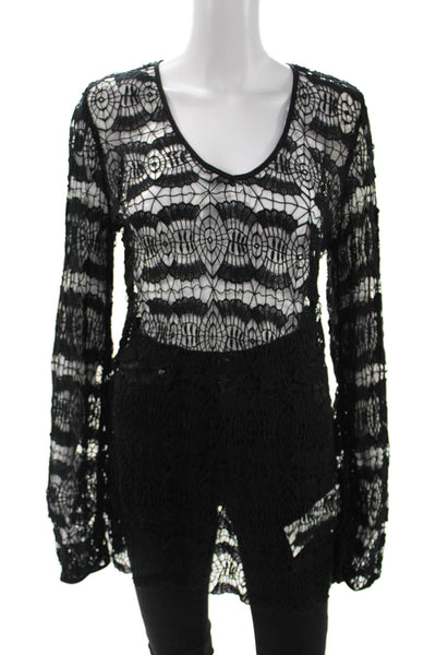 OndadeMar Women Black 100% Cotton Tunic Long Sleeve Round Neck Size M