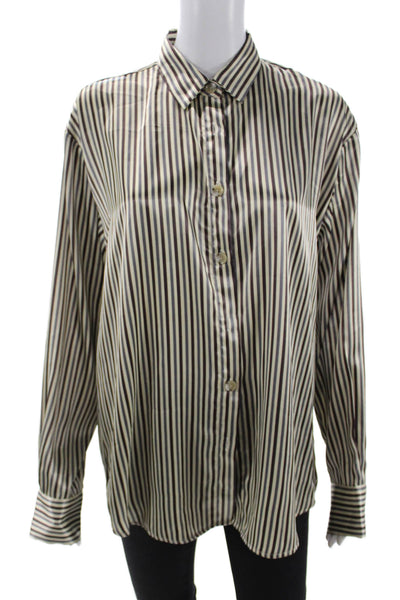 The Line Womens Beige Striped Collared Button Up Blouse Long Sleeve Size S