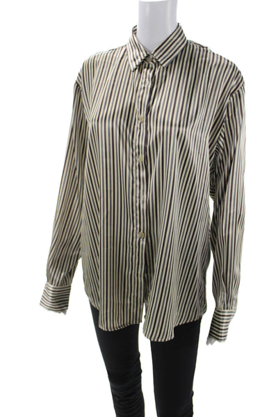 The Line Womens Beige Striped Collared Button Up Blouse Long Sleeve Size S