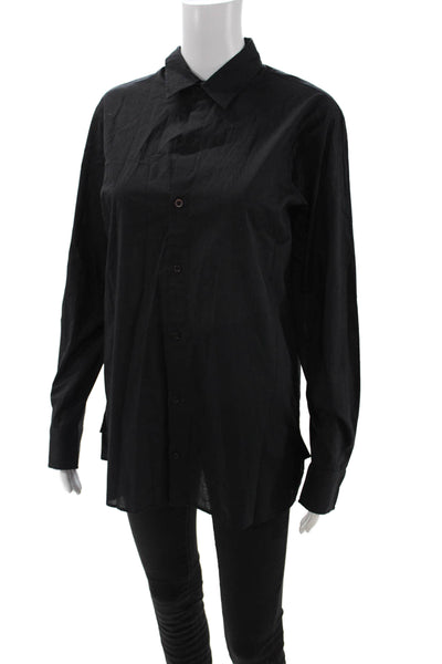 Free In St Barth Women Collared Button-Up Cotton Top Long Sleeve Black Size M