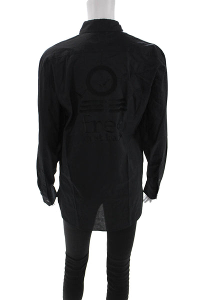 Free In St Barth Women Collared Button-Up Cotton Top Long Sleeve Black Size M