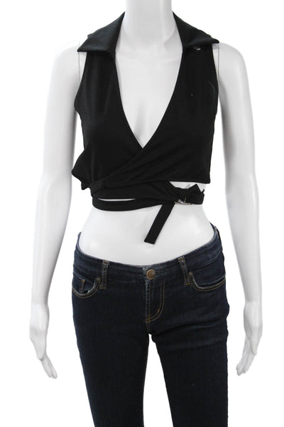 I Am Gia Women Cropped Collared Sleeveless Buckle Black Top 90s Size S
