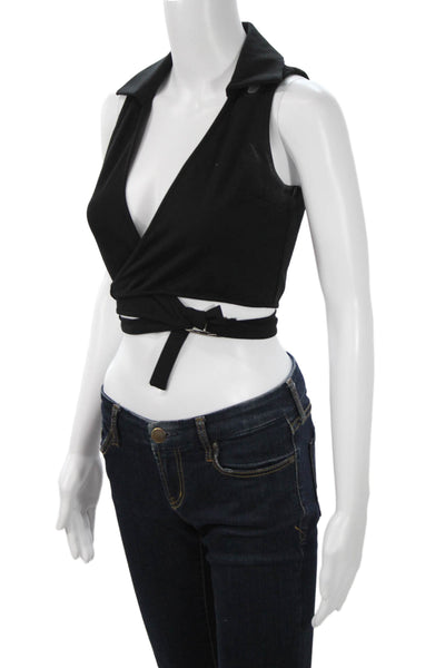 I Am Gia Women Cropped Collared Sleeveless Buckle Black Top 90s Size S