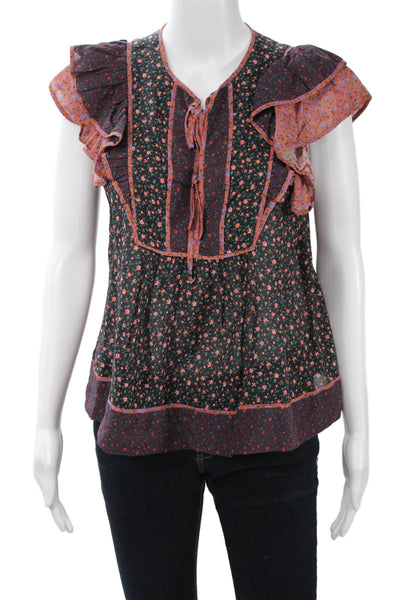Ulla Johnson Women Black Floral Blouse Short Sleeve Viscose Cotton Size 4