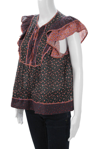 Ulla Johnson Women Black Floral Blouse Short Sleeve Viscose Cotton Size 4