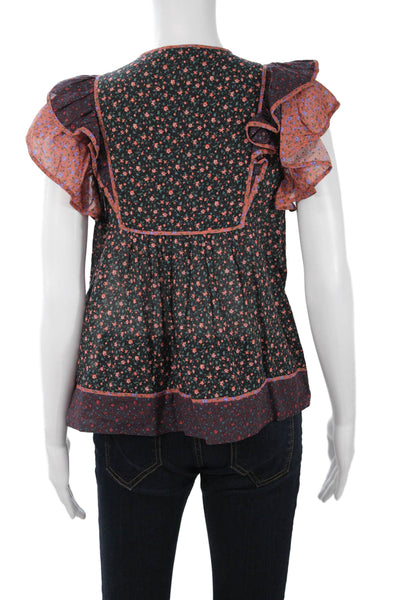 Ulla Johnson Women Black Floral Blouse Short Sleeve Viscose Cotton Size 4