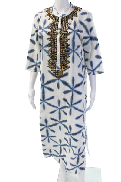 Figue Womens Kaftan Shirt Dress Blue Geometric Cotton 3/4 Sleeve Size M