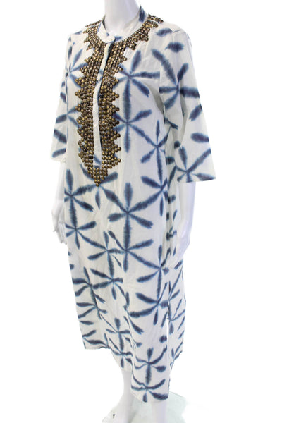 Figue Womens Kaftan Shirt Dress Blue Geometric Cotton 3/4 Sleeve Size M