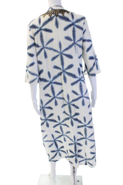 Figue Womens Kaftan Shirt Dress Blue Geometric Cotton 3/4 Sleeve Size M