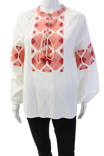 Figue Women Tunic Blouse White 100% Cotton Argyle Long Sleeve Size XS