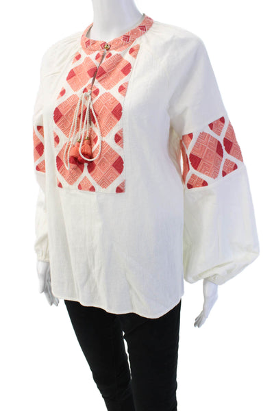 Figue Women Tunic Blouse White 100% Cotton Argyle Long Sleeve Size XS