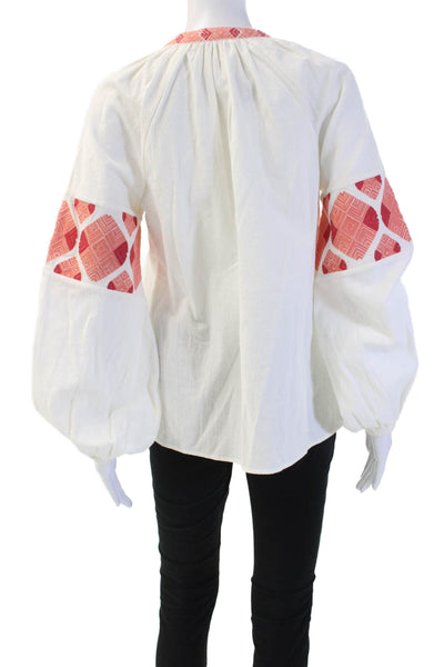 Figue Women Tunic Blouse White 100% Cotton Argyle Long Sleeve Size XS