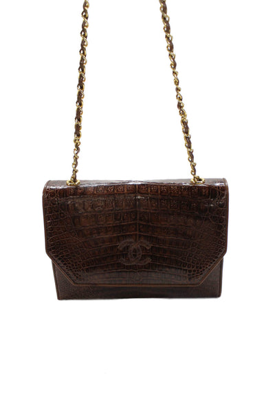 Chanel Womens Crocodile Logo Gold Tone Shoulder Handbag Brown