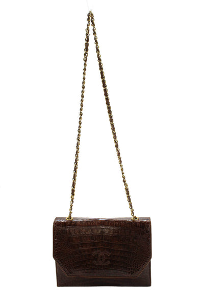 Chanel Womens Crocodile Logo Gold Tone Shoulder Handbag Brown