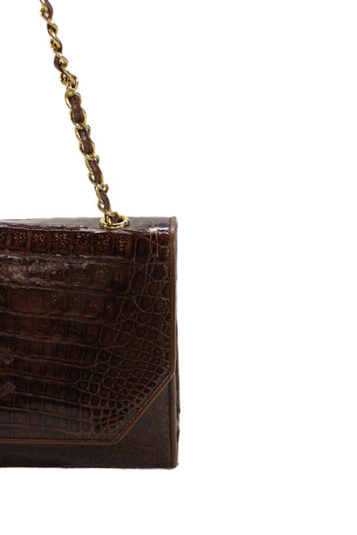 Chanel Womens Crocodile Logo Gold Tone Shoulder Handbag Brown