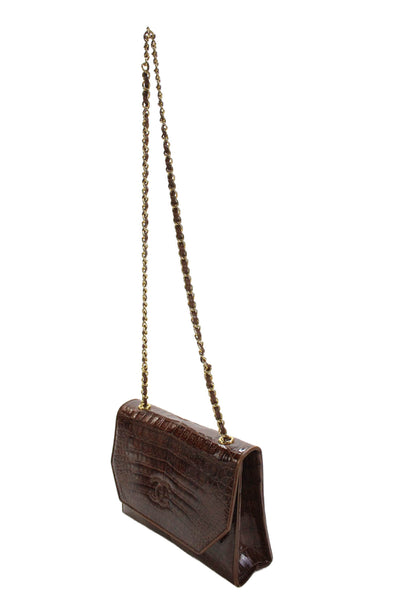 Chanel Womens Crocodile Logo Gold Tone Shoulder Handbag Brown