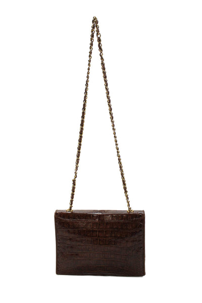 Chanel Womens Crocodile Logo Gold Tone Shoulder Handbag Brown