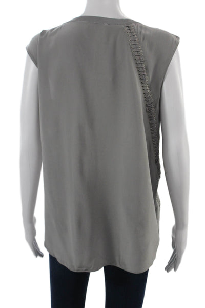 Elie Tahari Women Gray Lace Up Tank Crew Neck Nylon Rayon Size L