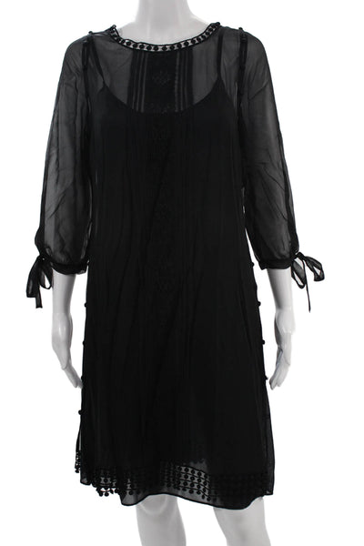 Elie Tahari Women Shift Slip Dress Black 3/4 Sleeve Button Size 8