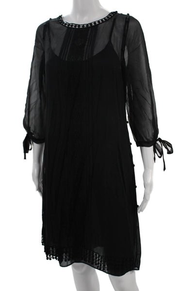 Elie Tahari Women Shift Slip Dress Black 3/4 Sleeve Button Size 8