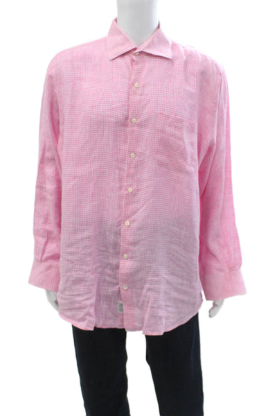 Peter Millar Mens Linen Plaid Button Down Shirt Pink White Size 17 Long