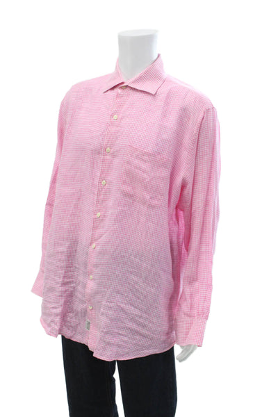 Peter Millar Mens Linen Plaid Button Down Shirt Pink White Size 17 Long