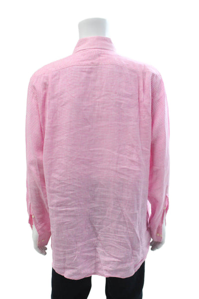 Peter Millar Mens Linen Plaid Button Down Shirt Pink White Size 17 Long