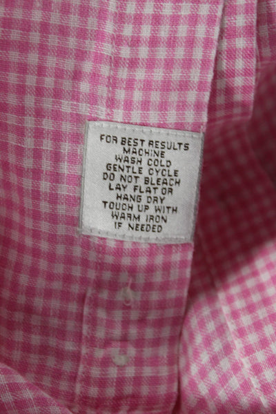 Peter Millar Mens Linen Plaid Button Down Shirt Pink White Size 17 Long