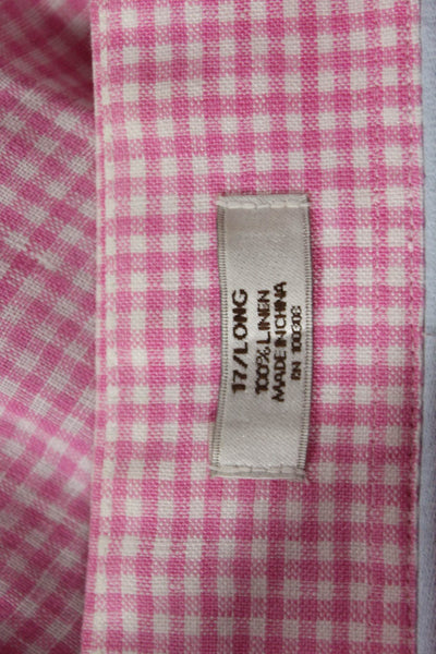 Peter Millar Mens Linen Plaid Button Down Shirt Pink White Size 17 Long