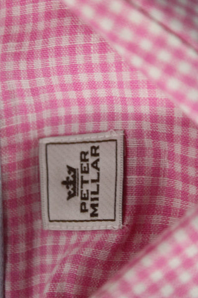 Peter Millar Mens Linen Plaid Button Down Shirt Pink White Size 17 Long