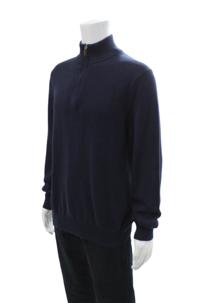J Crew Mens Pullover Mock Neck Zip Sweater Dark Blue Cotton Cashmere Size L