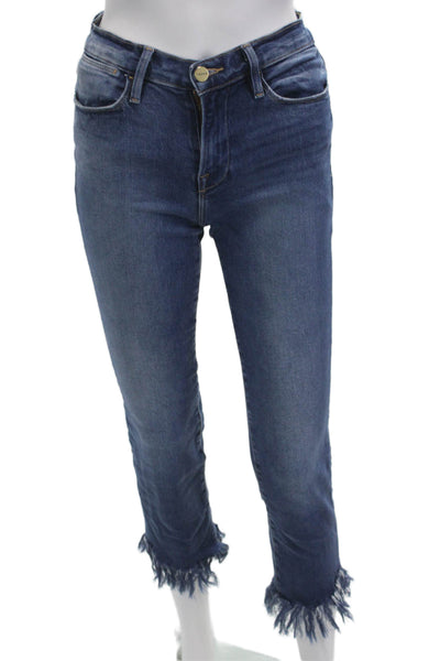 Frame Denim Womens Cropped Skinny Jeans Dark Blue Mid Rise Button Size 25