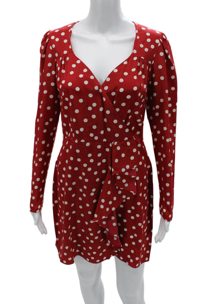 Intermix Women Red Polka Dot Wrap Mini Dress Long Sleeve V-Neck Silk Size 6