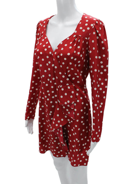 Intermix Women Red Polka Dot Wrap Mini Dress Long Sleeve V-Neck Silk Size 6