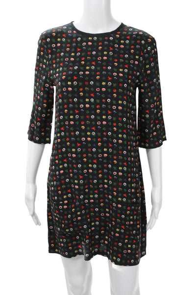 Equipment Femme Women Black Floral Shift Dress 3/4 Sleeve Knee Length Size XS