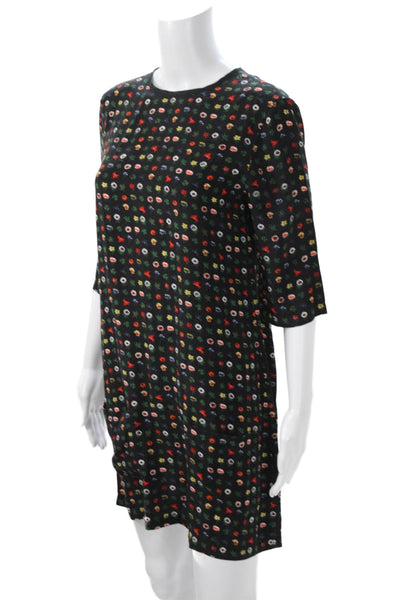 Equipment Femme Women Black Floral Shift Dress 3/4 Sleeve Knee Length Size XS