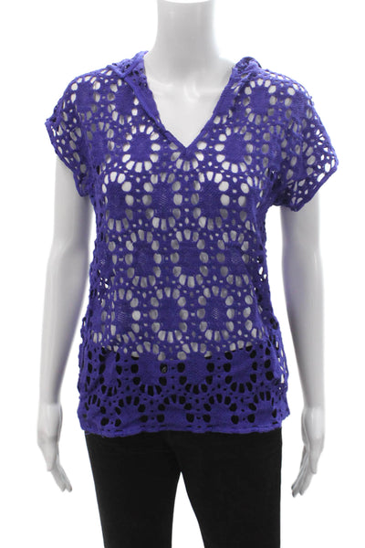 Trina Turk Women Purple Bohemian V-Neck Short Sleeve Cotton Top Size PP